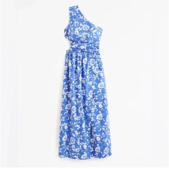 Abercrombie & Fitch One Shoulder Cut Out Maxi Dress XL Blue White Floral Coastal - Picture 1 of 13
